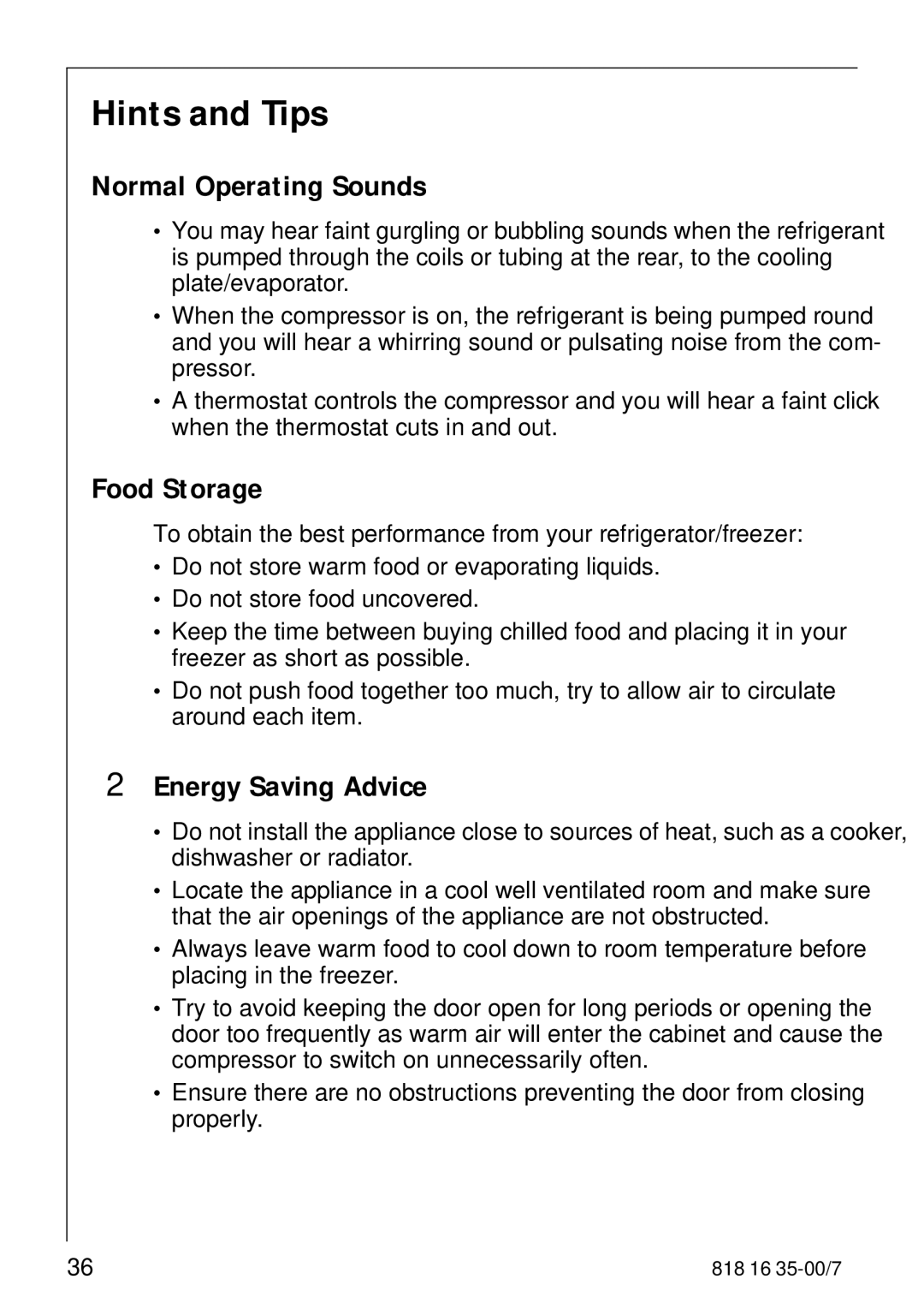 Electrolux KO_SANTO 4085 operating instructions Hints and Tips, Normal Operating Sounds, Food Storage, Energy Saving Advice 