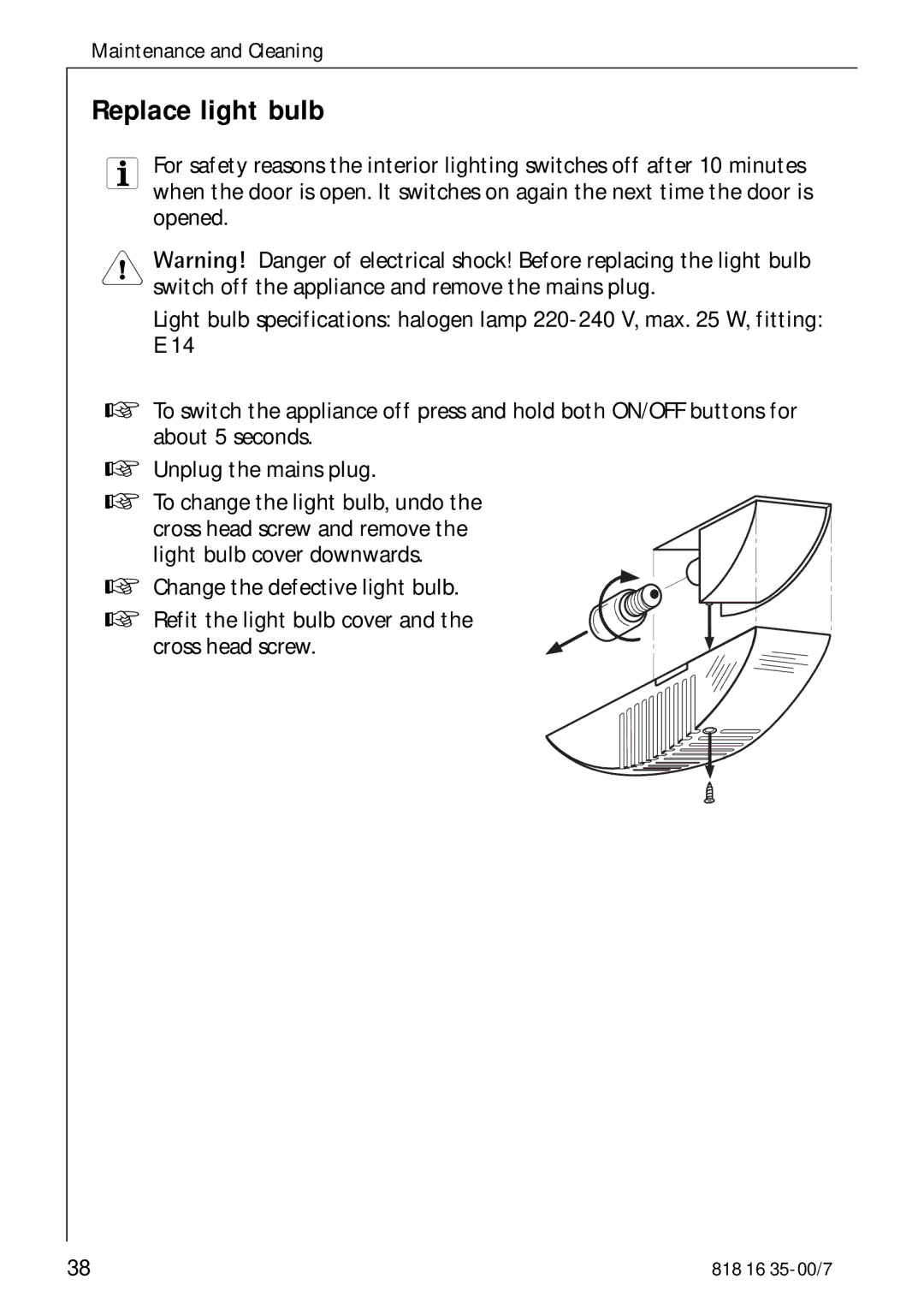 Electrolux KO_SANTO 4085 operating instructions Replace light bulb 