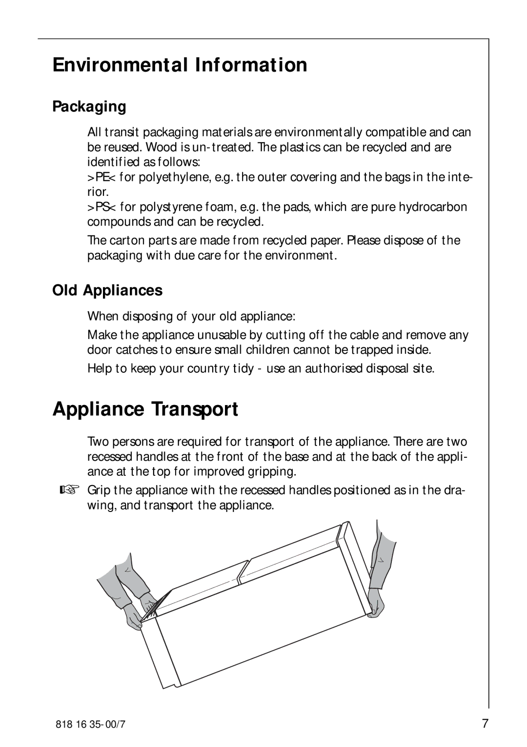 Electrolux KO_SANTO 4085 operating instructions Environmental Information, Appliance Transport, Packaging, Old Appliances 