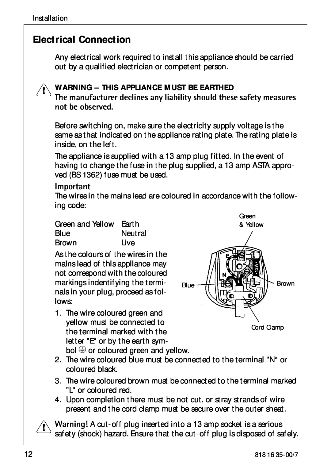 Electrolux KO_SANTO 4085 operating instructions Electrical Connection, Warning - This Appliance Must Be Earthed 