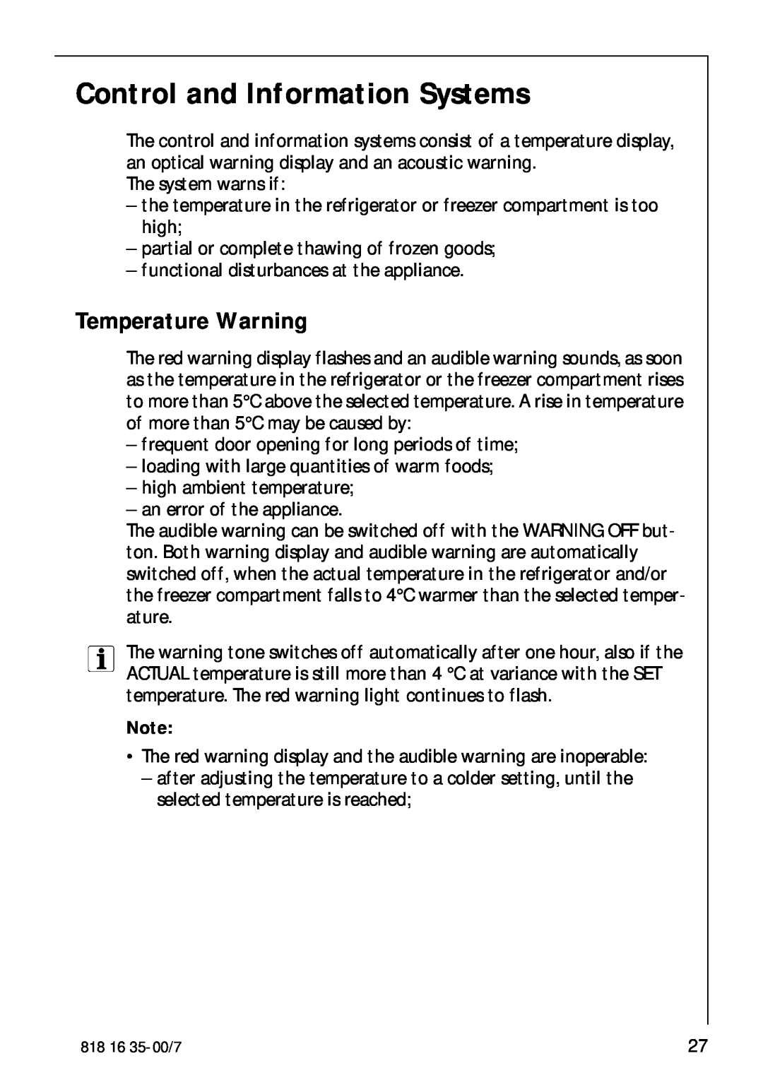 Electrolux KO_SANTO 4085 operating instructions Control and Information Systems, Temperature Warning 