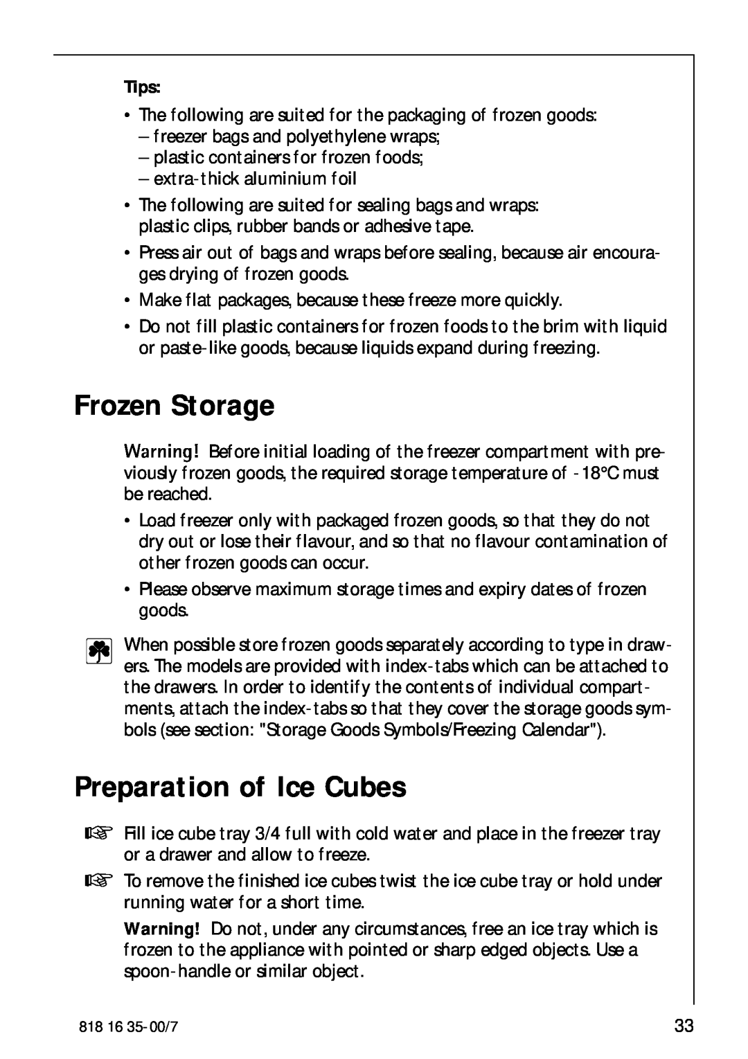 Electrolux KO_SANTO 4085 operating instructions Frozen Storage, Preparation of Ice Cubes, Tips 