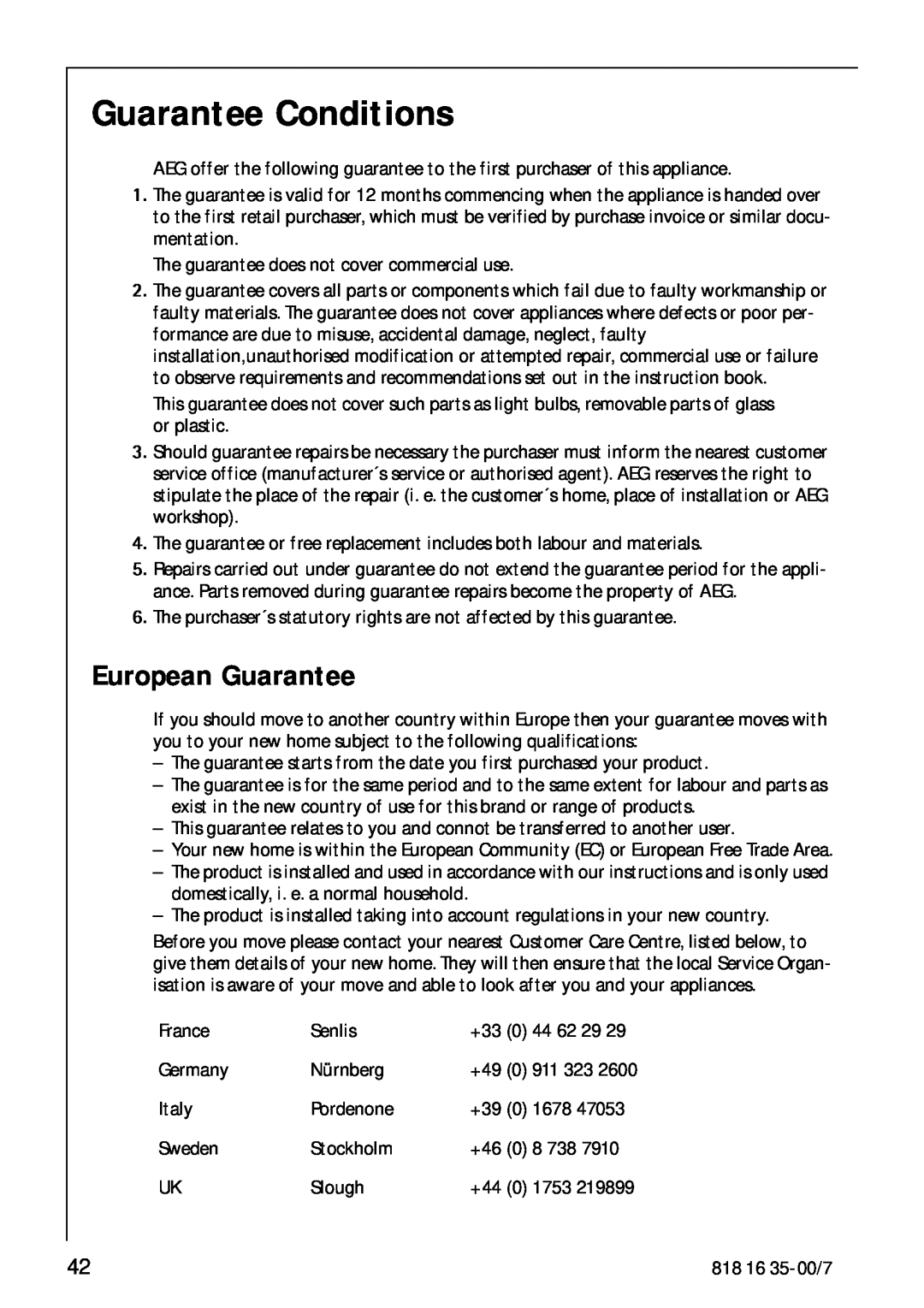 Electrolux KO_SANTO 4085 operating instructions Guarantee Conditions, European Guarantee 
