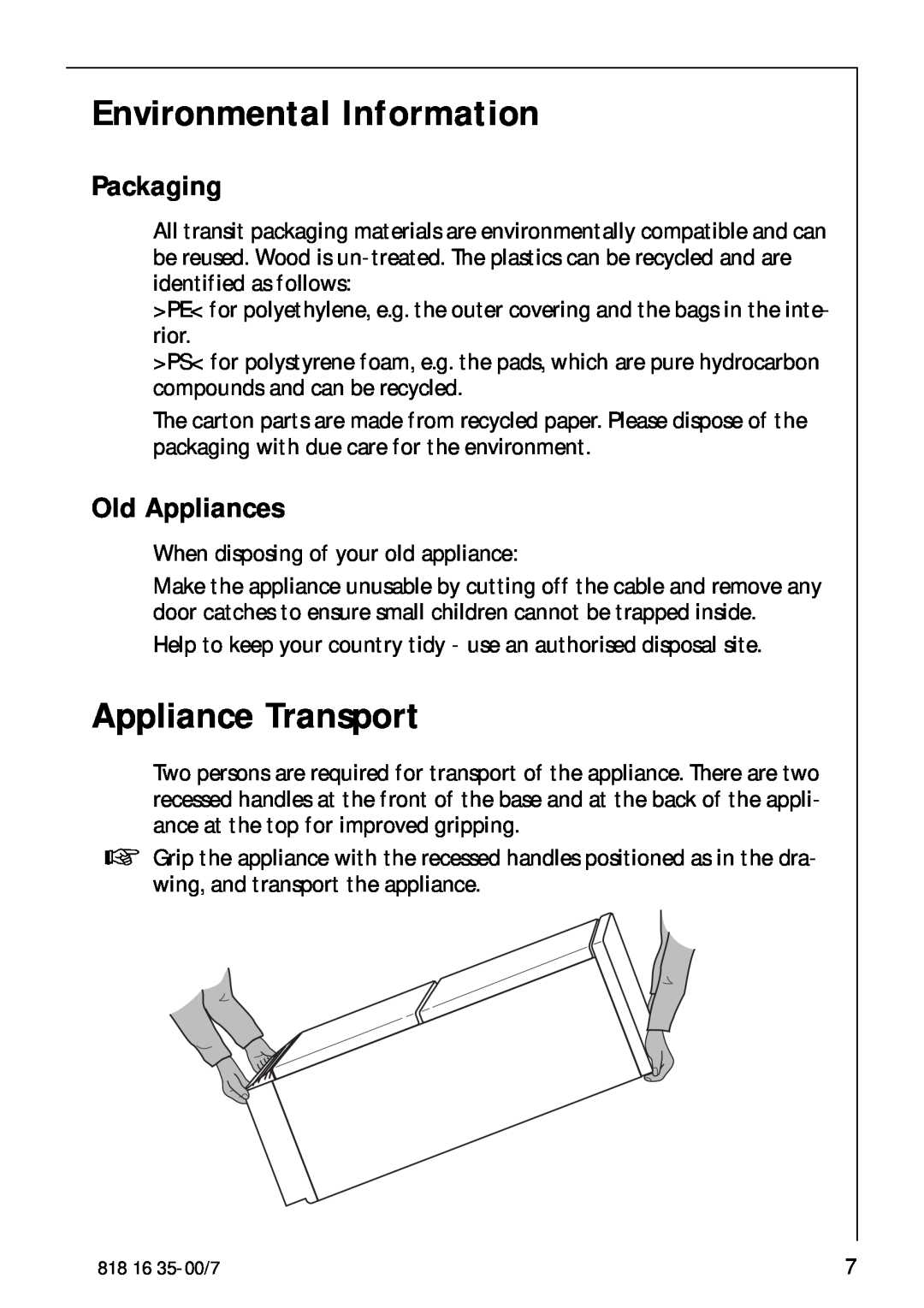 Electrolux KO_SANTO 4085 operating instructions Environmental Information, Appliance Transport, Packaging, Old Appliances 
