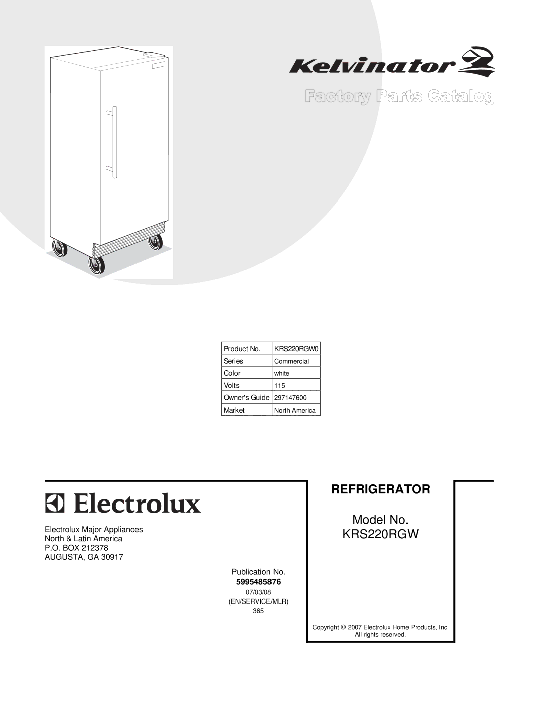 Electrolux manual Refrigerator, KRS220RGW0 