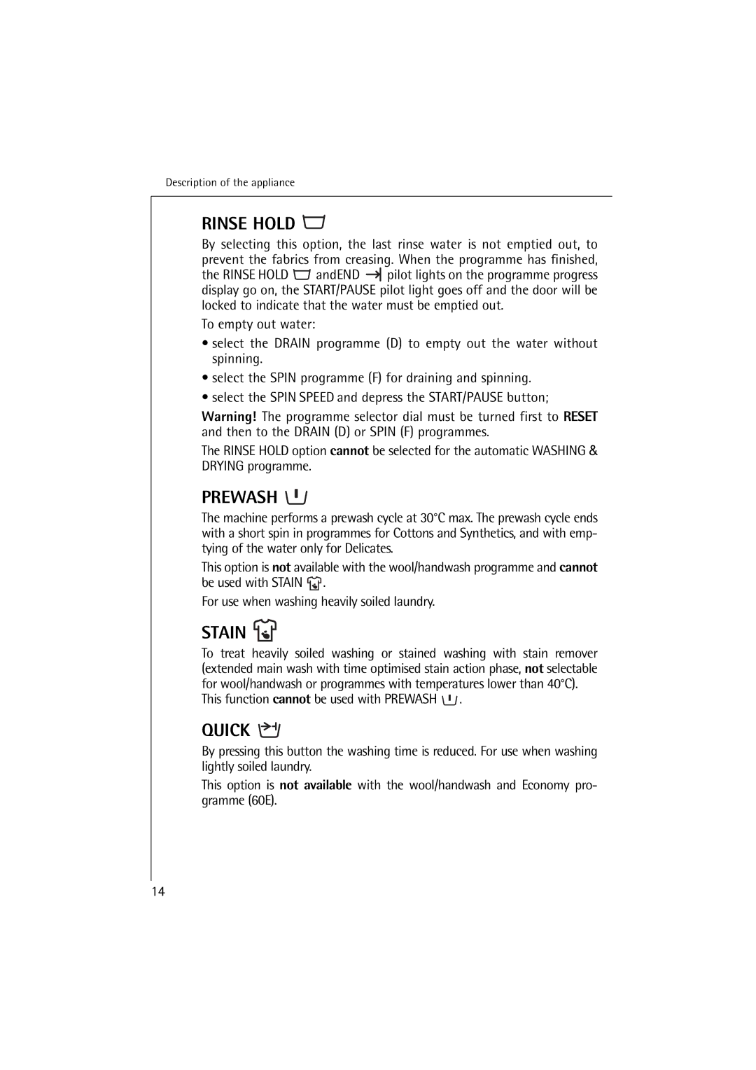 Electrolux L 12720 VIT manual Rinse Hold 