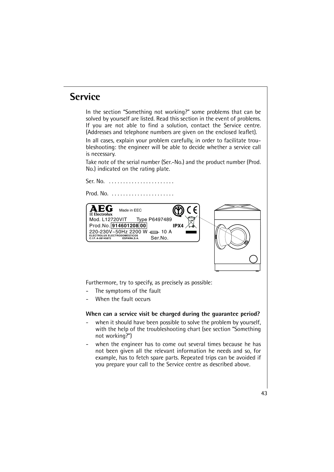 Electrolux L 12720 VIT manual Service, 914601208 