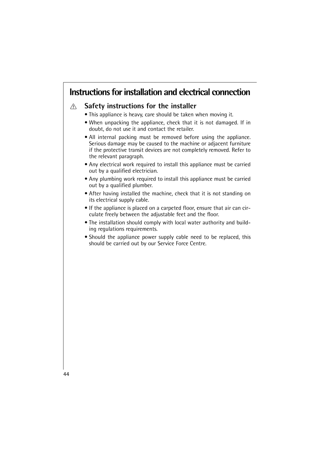 Electrolux L 12720 VIT Instructions for installation and electrical connection, Safety instructions for the installer 