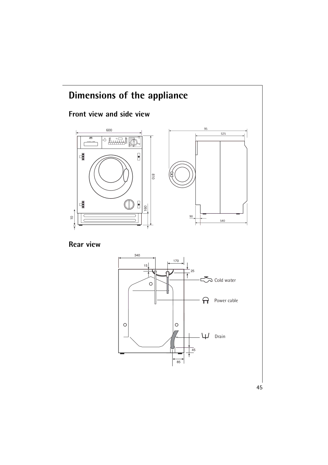 Electrolux L 12720 VIT manual Front view and side view, Rear view 