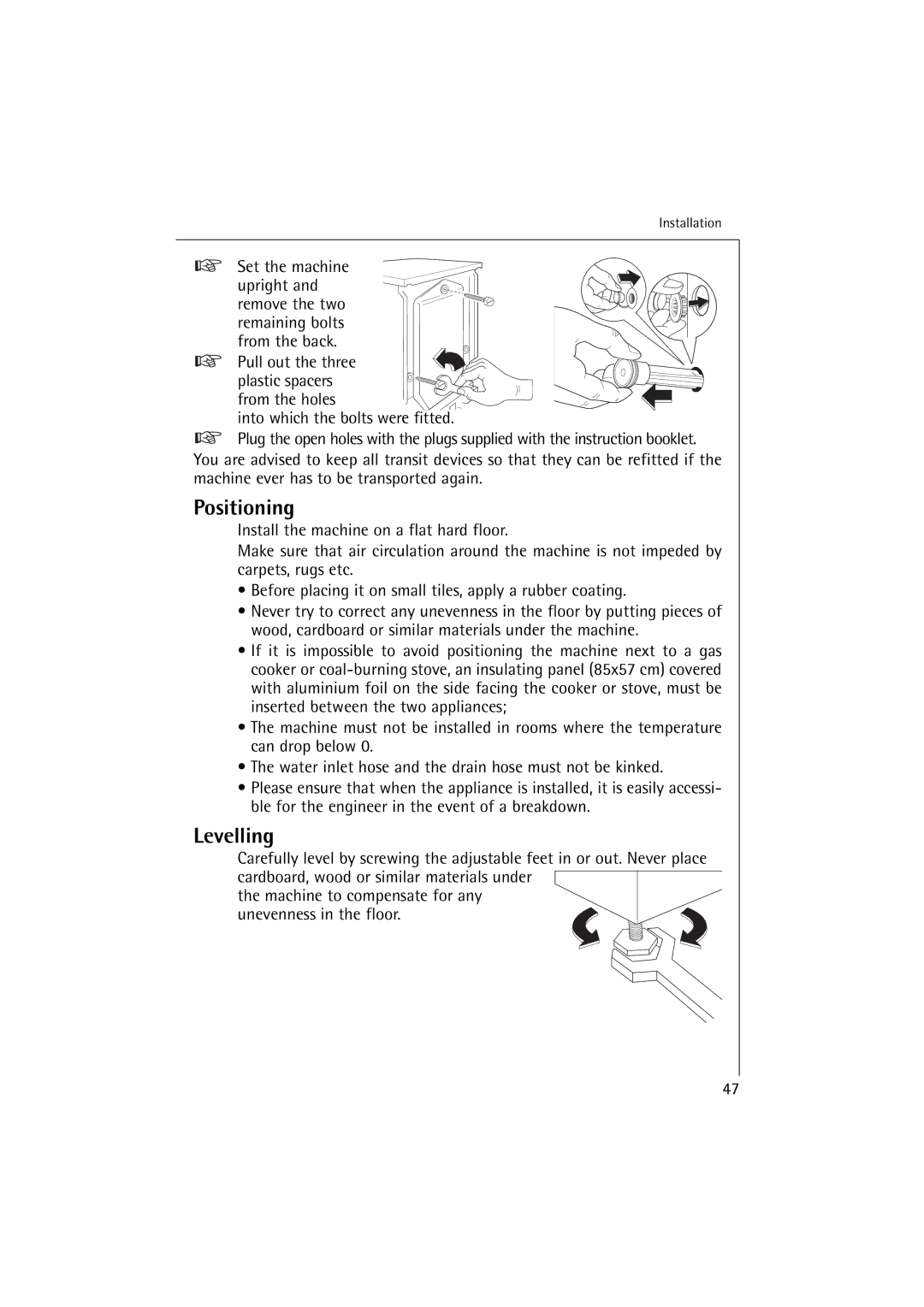 Electrolux L 12720 VIT manual Positioning, Levelling 