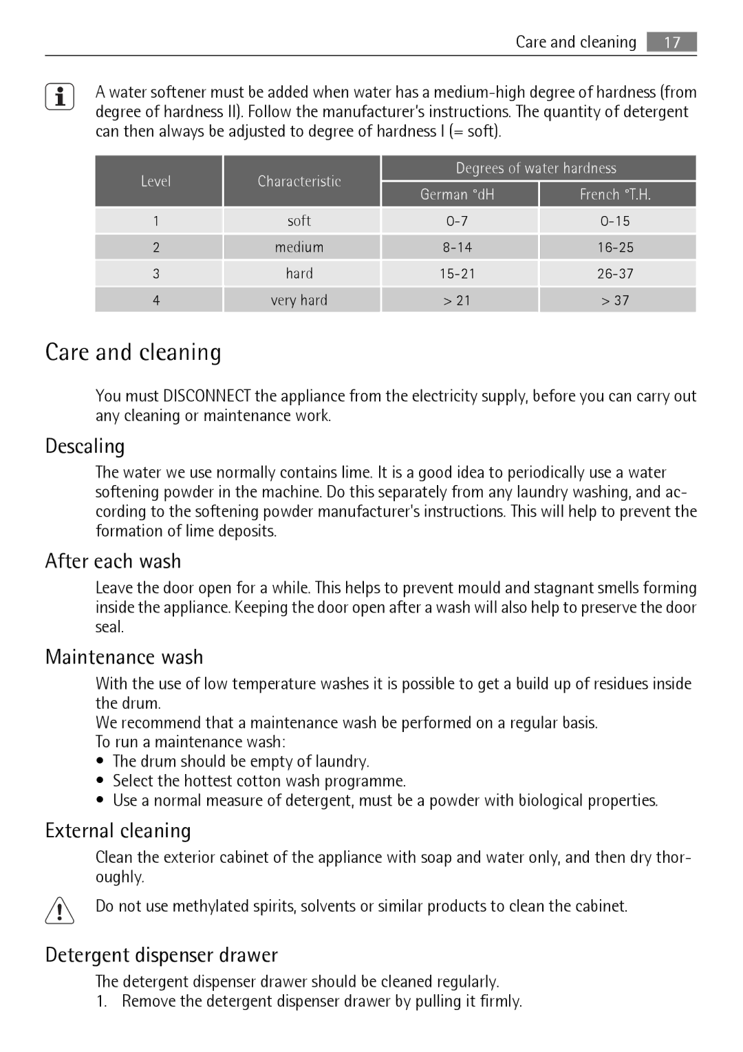 Electrolux L 56840 user manual Care and cleaning, Descaling, After each wash, Maintenance wash, External cleaning 