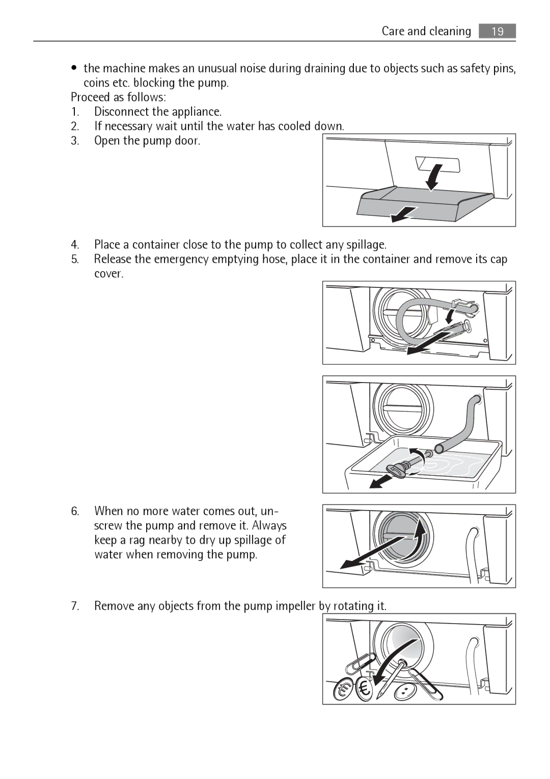 Electrolux L 56840 user manual Remove any objects from the pump impeller by rotating it 