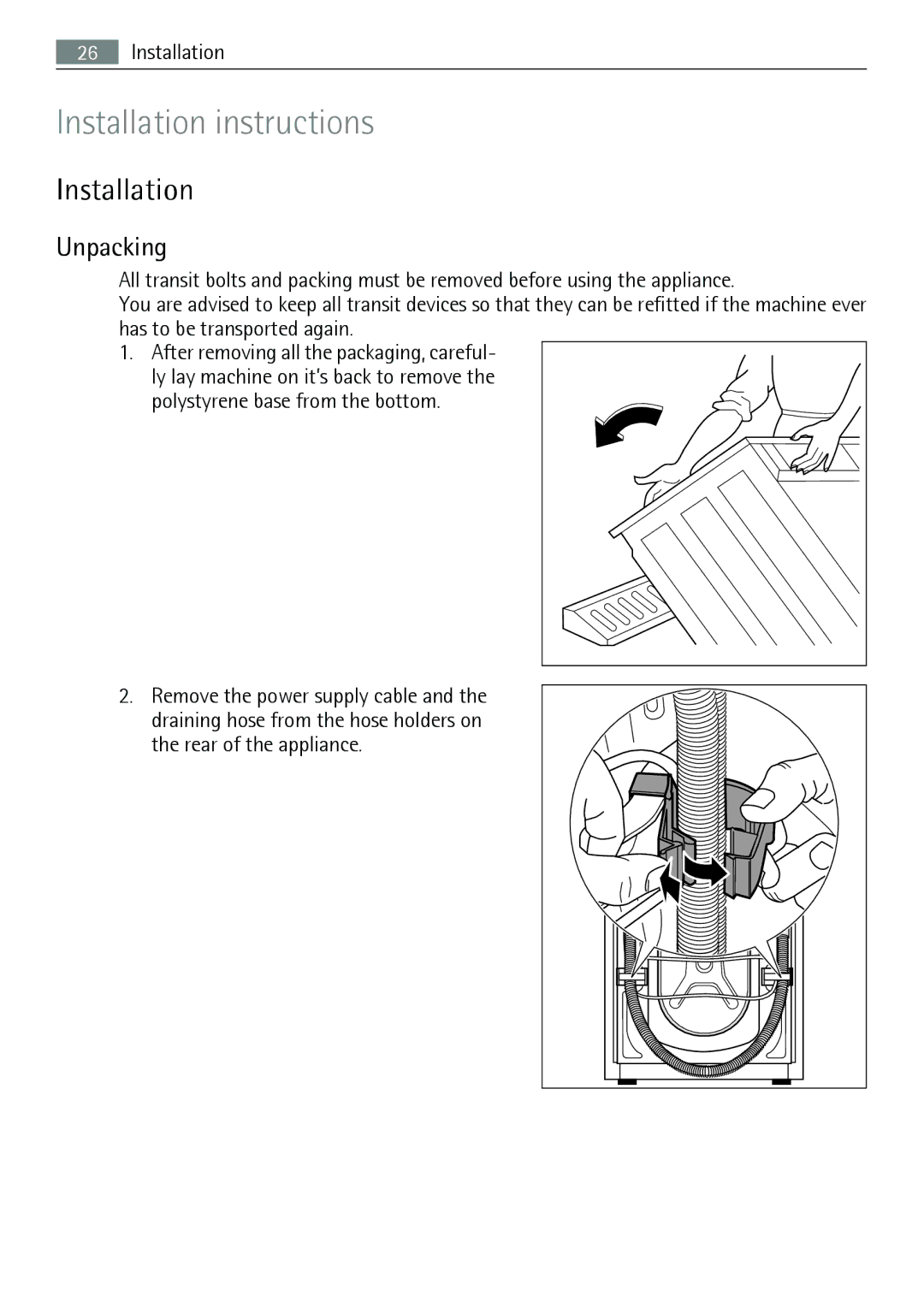 Electrolux L 56840 user manual Installation, Unpacking, Rear of the appliance 