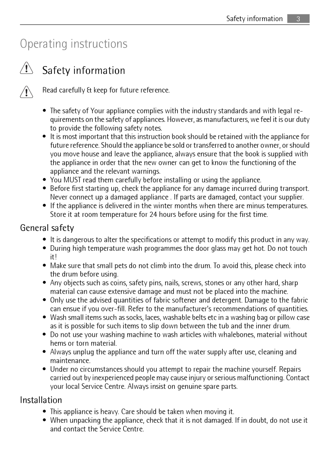 Electrolux L 56840 user manual Safety information, General safety, Installation 