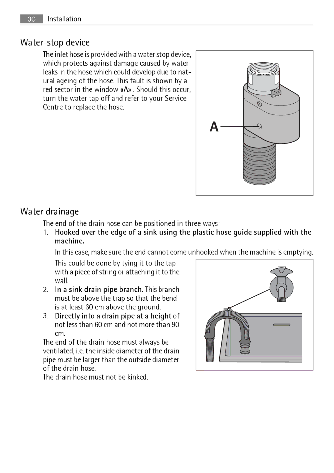 Electrolux L 56840 user manual Water-stop device, Water drainage, End of the drain hose can be positioned in three ways 