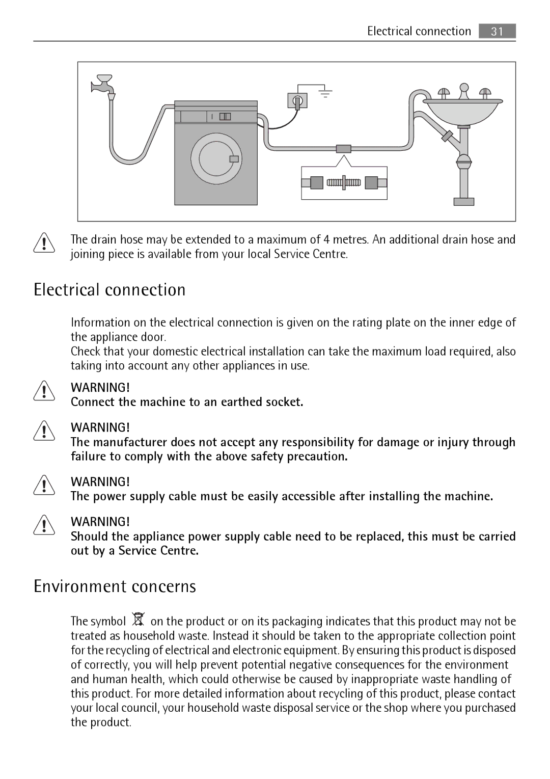 Electrolux L 56840 user manual Electrical connection, Environment concerns 