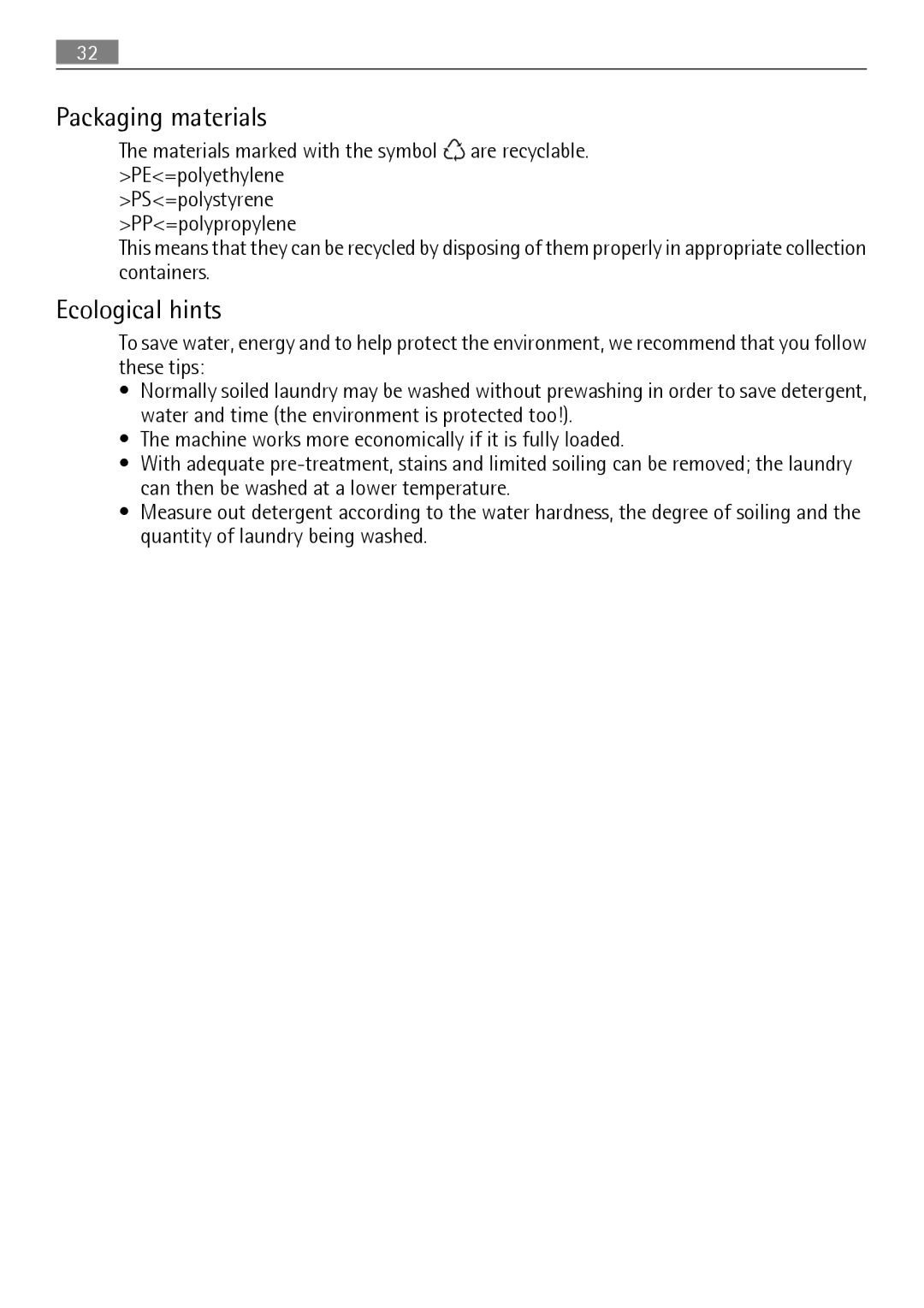 Electrolux L 56840 user manual Packaging materials, Ecological hints 