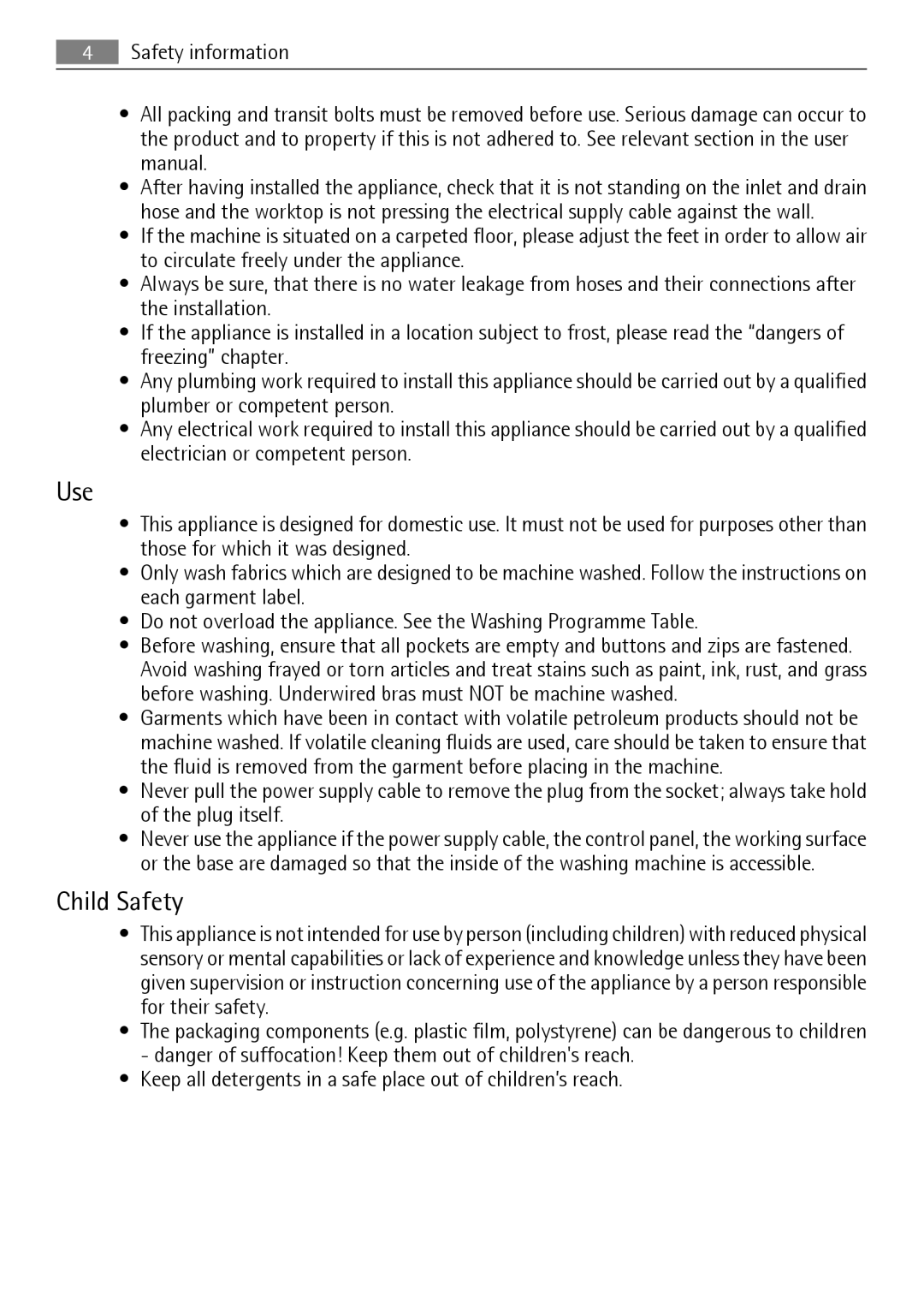 Electrolux L 56840 user manual Use, Child Safety 