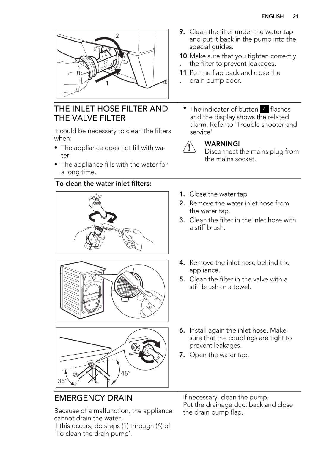 Electrolux L 75478 FL, L 75678 FL user manual Inlet Hose Filter, Valve Filter, Emergency Drain 