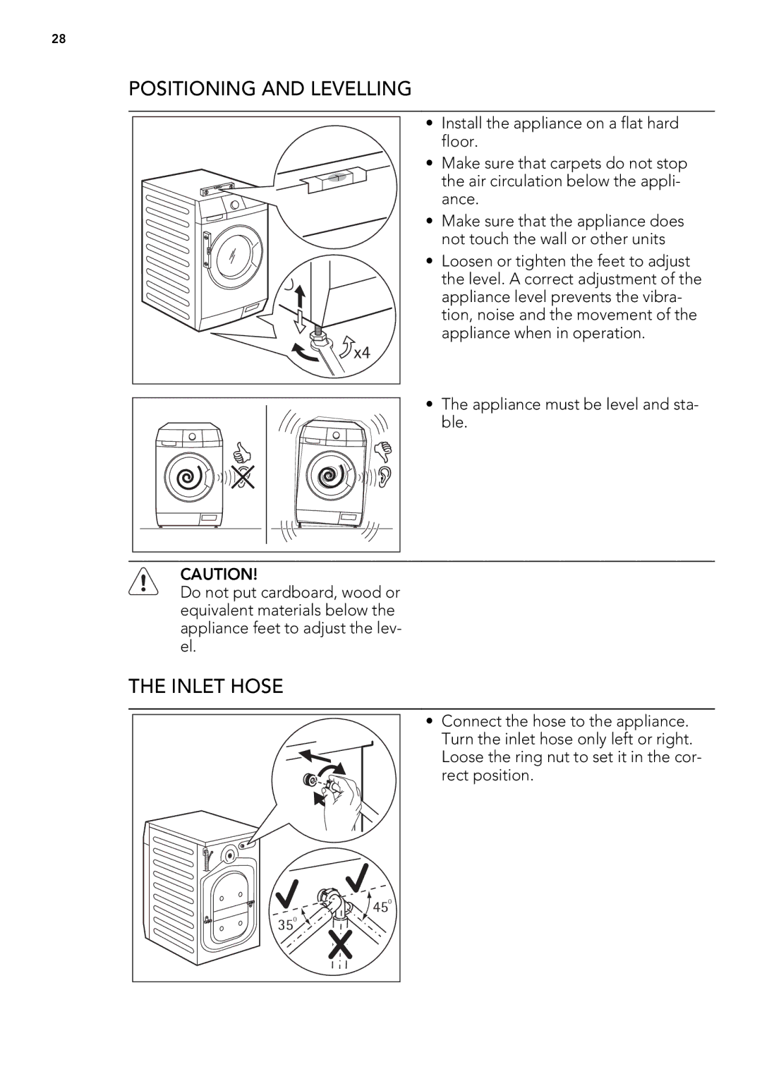 Electrolux L 75678 FL, L 75478 FL user manual Positioning and Levelling, Inlet Hose 