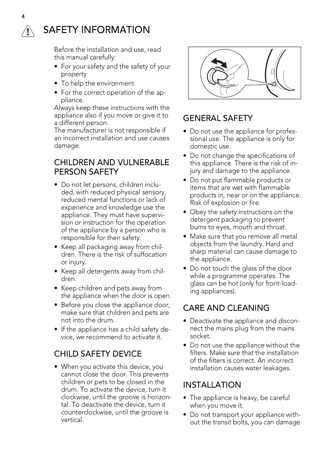 Electrolux L 75678 FL, L 75478 FL Safety Information, Child Safety Device, General Safety, Care and Cleaning, Installation 