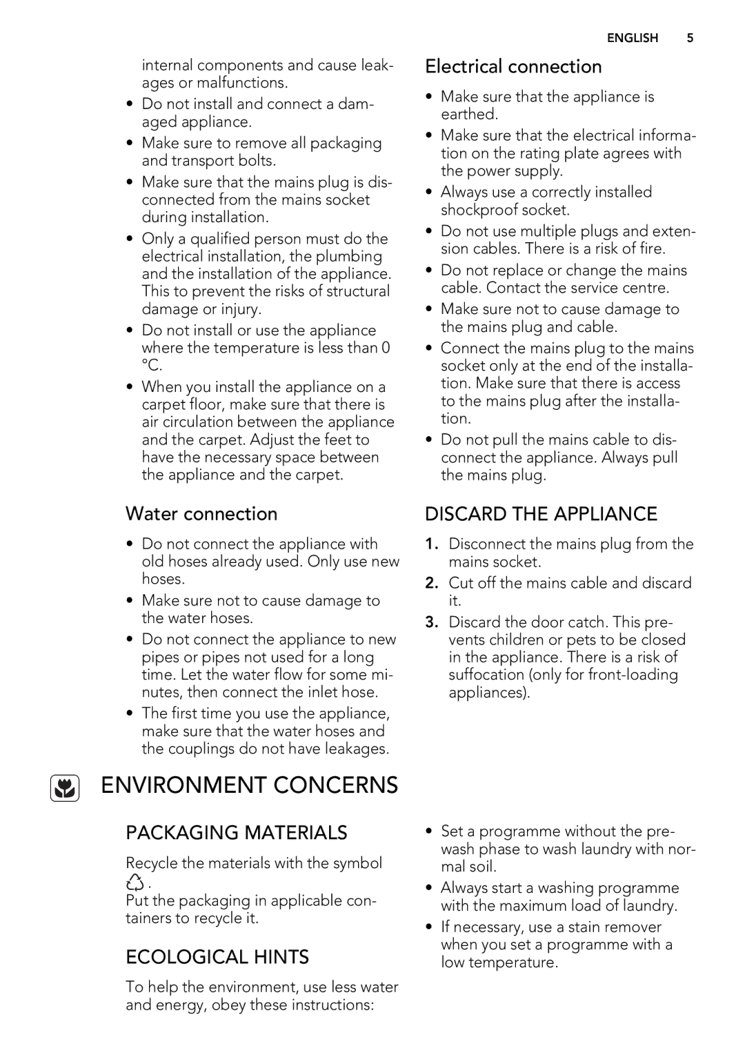 Electrolux L 75478 FL, L 75678 FL Environment Concerns, Discard the Appliance, Packaging Materials, Ecological Hints 