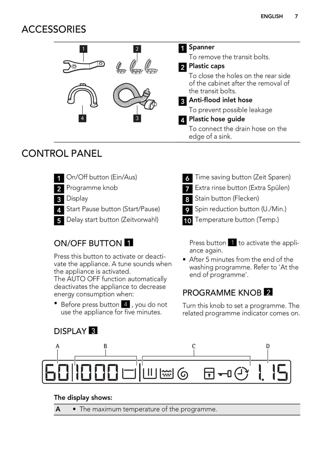 Electrolux L 75478 FL, L 75678 FL user manual Control Panel, Accessories, ON/OFF Button, Programme Knob, Display 