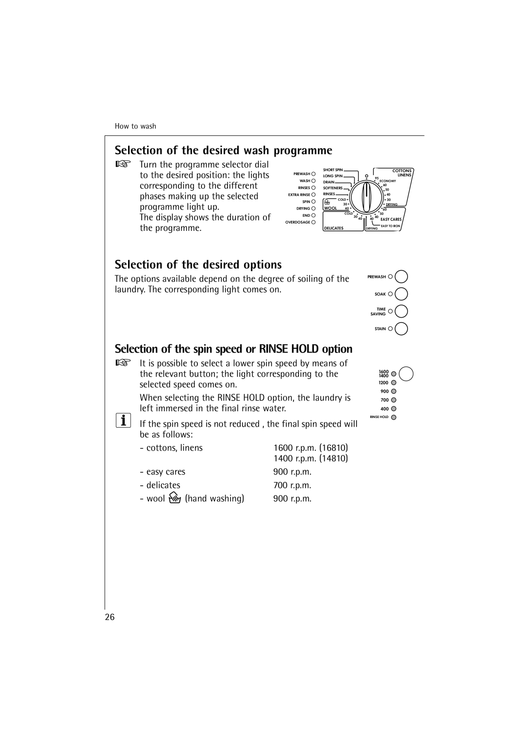 Electrolux LAVAMAT 16810, LAVAMAT 14810 manual Selection of the desired wash programme, Selection of the desired options 