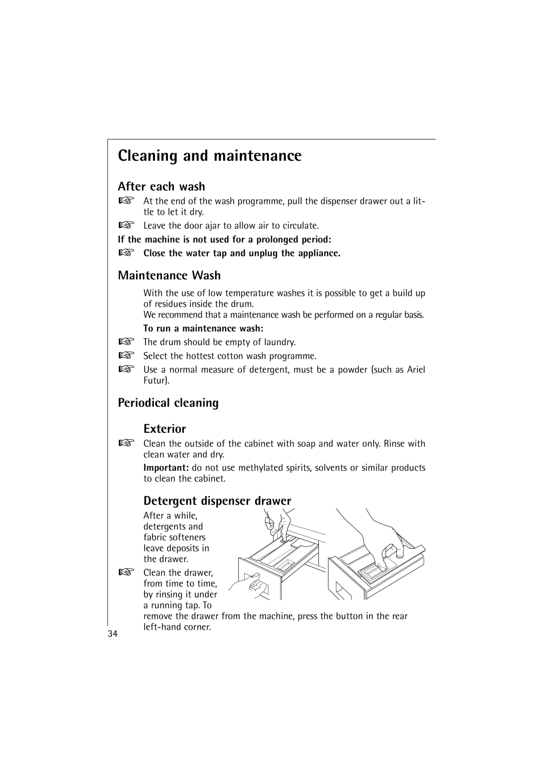 Electrolux LAVAMAT 16810 manual Cleaning and maintenance, After each wash, Maintenance Wash, Periodical cleaning Exterior 