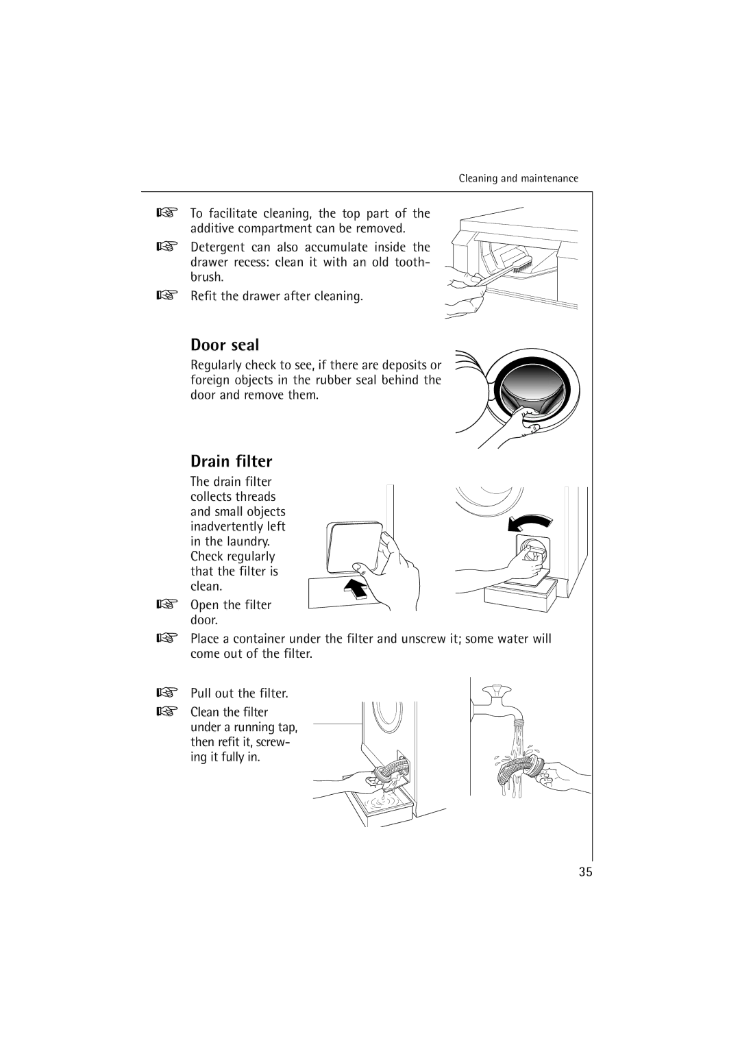 Electrolux LAVAMAT 14810, LAVAMAT 16810 manual Door seal, Drain filter 