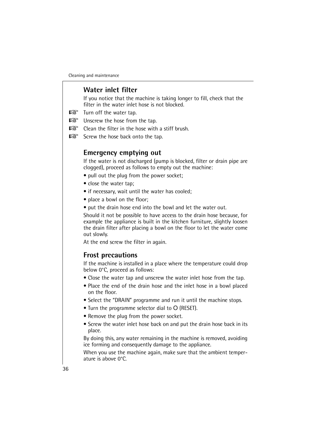 Electrolux LAVAMAT 16810, LAVAMAT 14810 manual Water inlet filter, Emergency emptying out, Frost precautions 