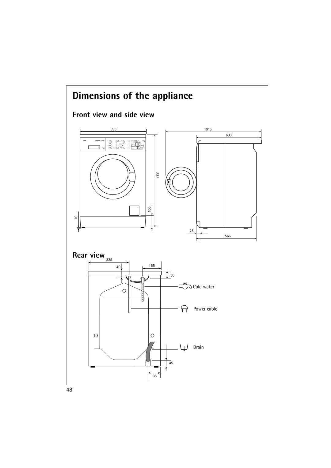 Electrolux LAVAMAT 16810, LAVAMAT 14810 manual Dimensions of the appliance, Front view and side view 