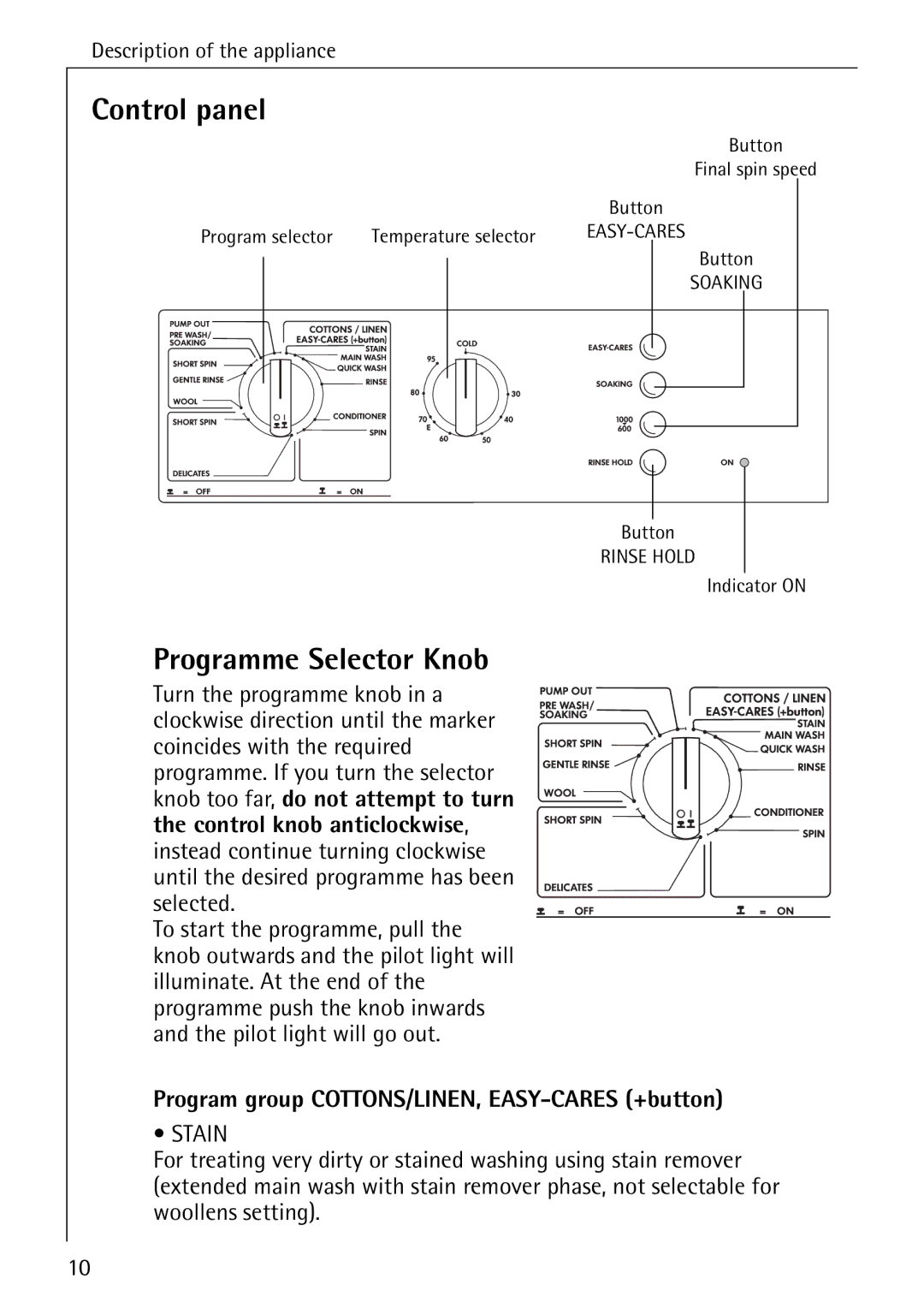 Electrolux LAVAMAT 50600 Control panel, Programme Selector Knob, Program group COTTONS/LINEN, EASY-CARES +button 