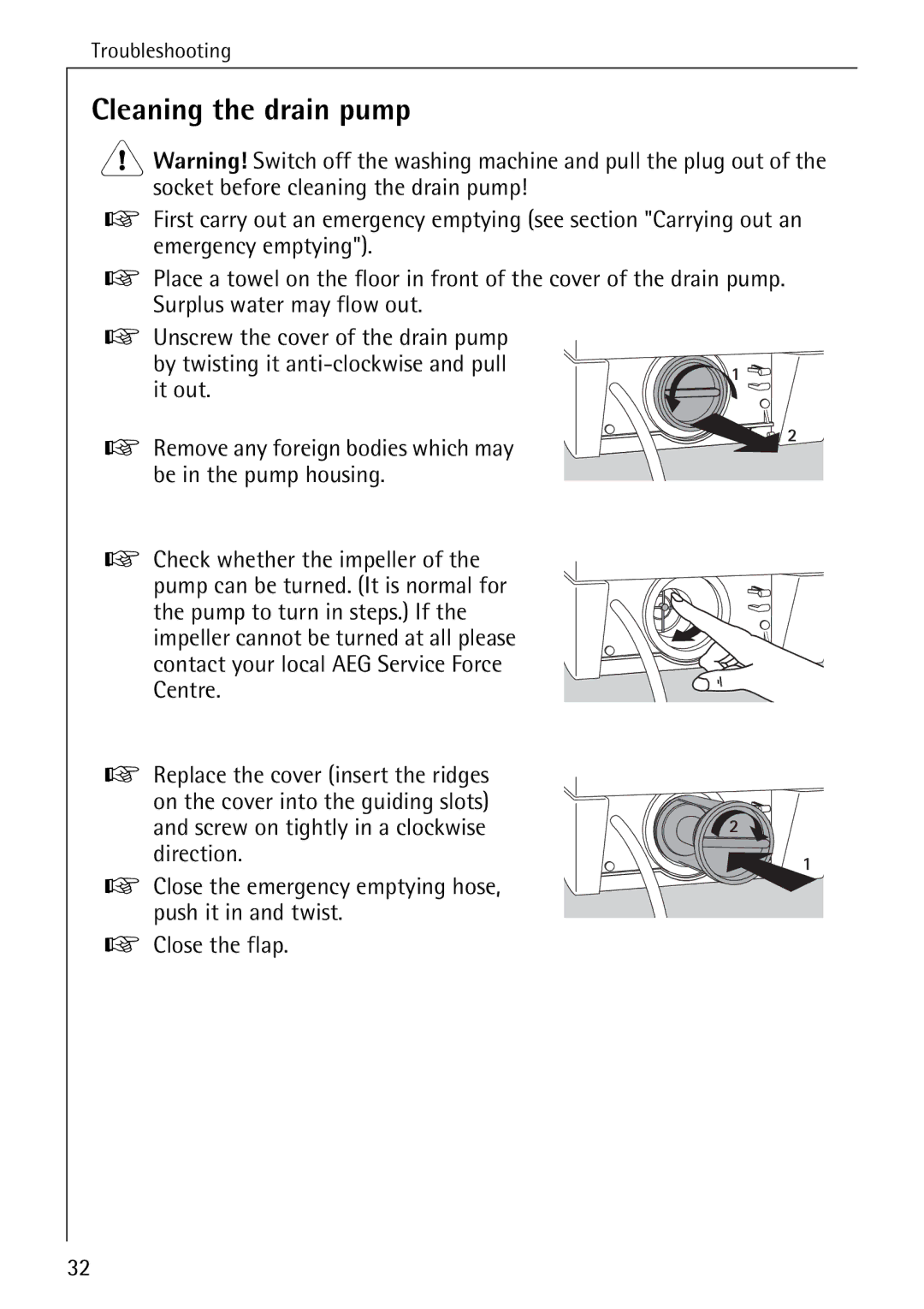 Electrolux LAVAMAT 50600 operating instructions Cleaning the drain pump 