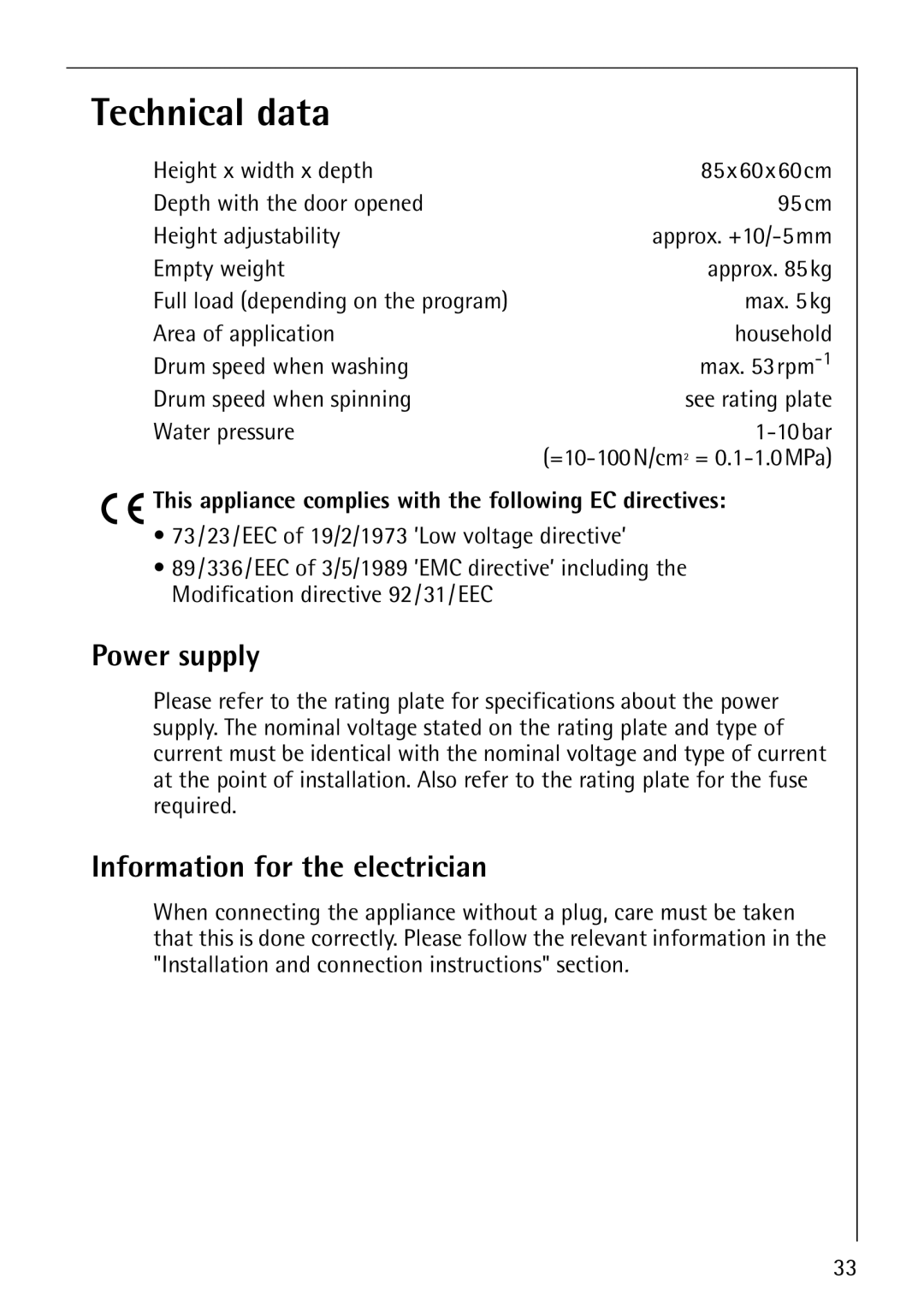 Electrolux LAVAMAT 50600 operating instructions Technical data, Power supply, Information for the electrician 