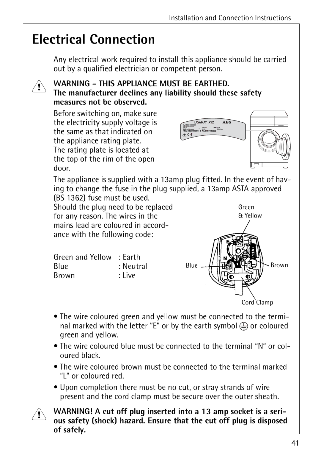 Electrolux LAVAMAT 50720 manual Electrical Connection 