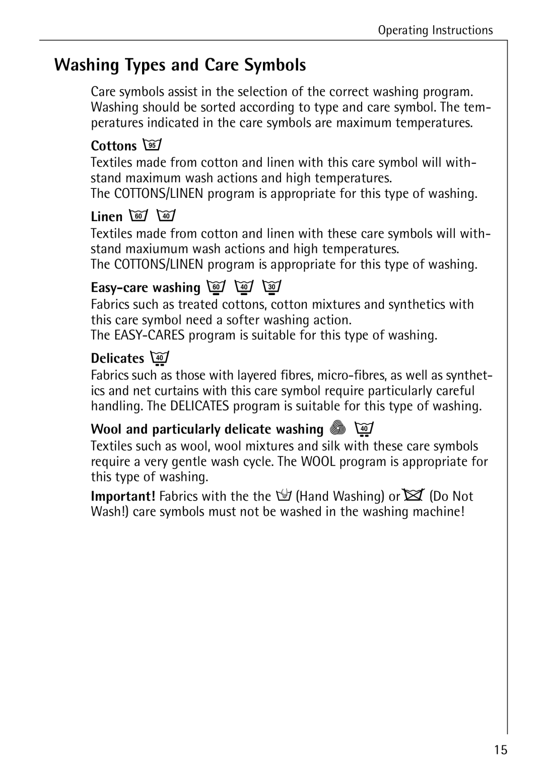 Electrolux LAVAMAT 50720 manual Washing Types and Care Symbols 