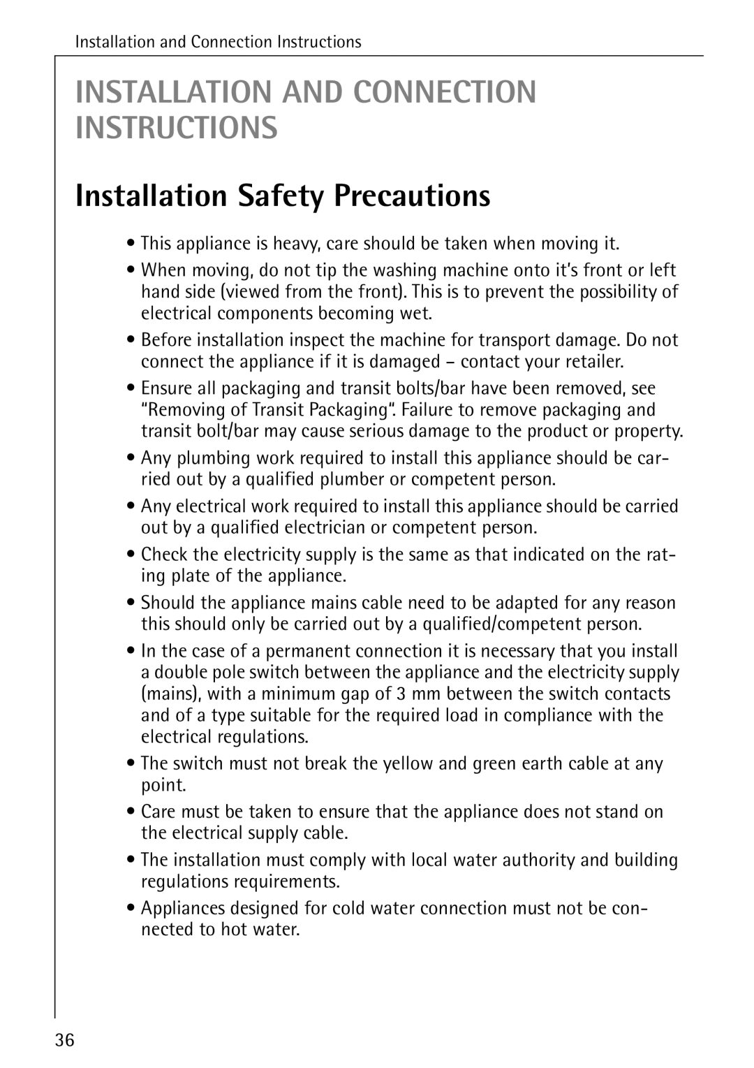 Electrolux LAVAMAT 50720 manual Installation And Connection Instructions, Installation Safety Precautions 