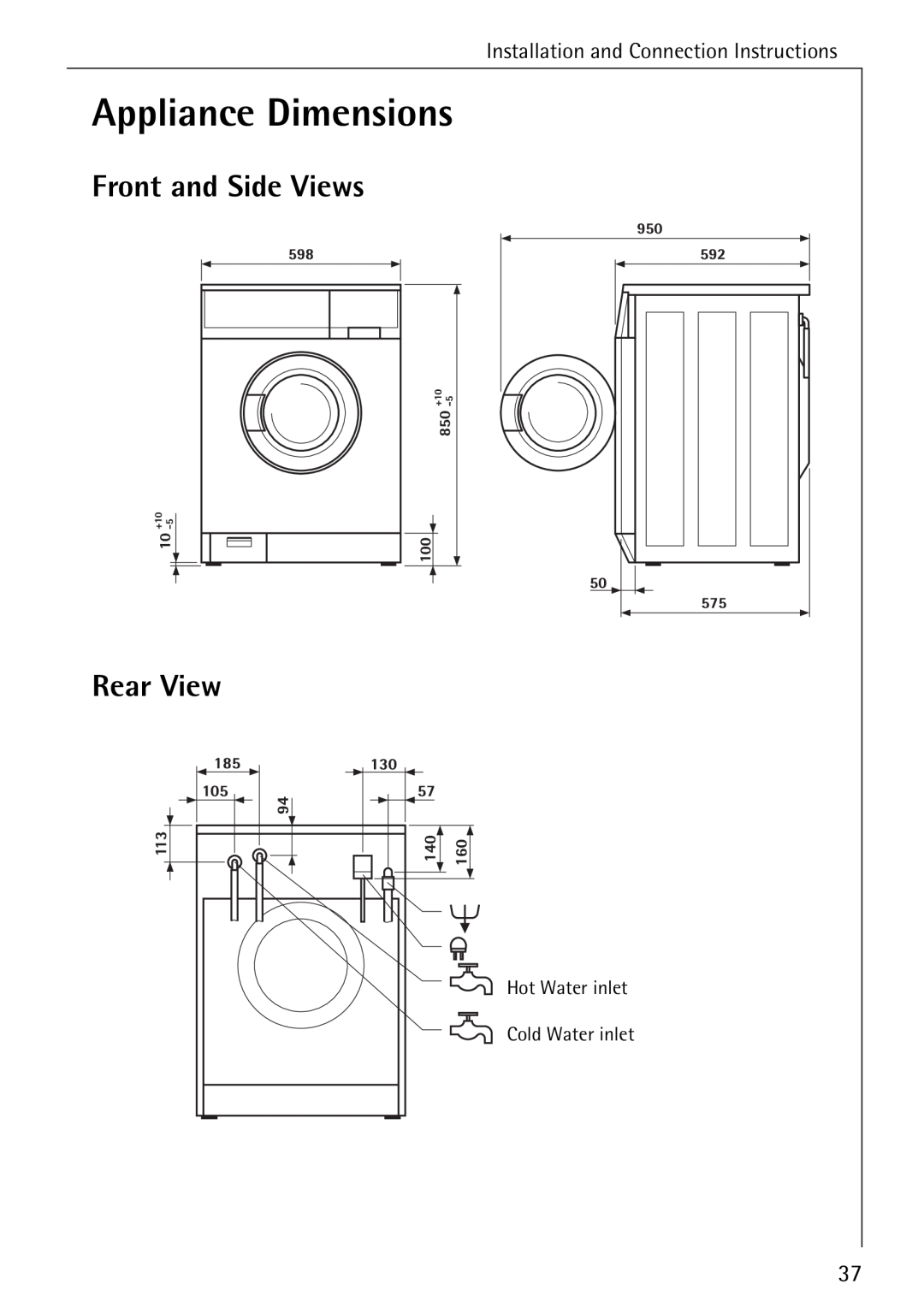 Electrolux LAVAMAT 50720 manual Appliance Dimensions, Front and Side Views, Rear View 