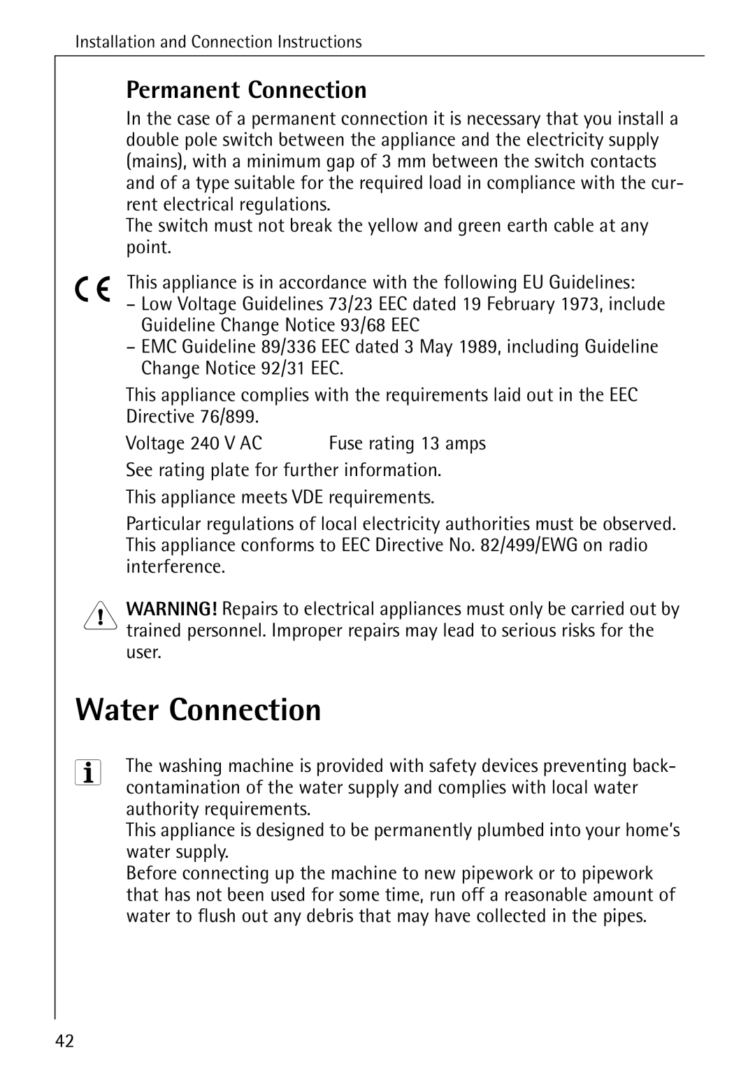Electrolux LAVAMAT 50720 manual Water Connection, Permanent Connection 
