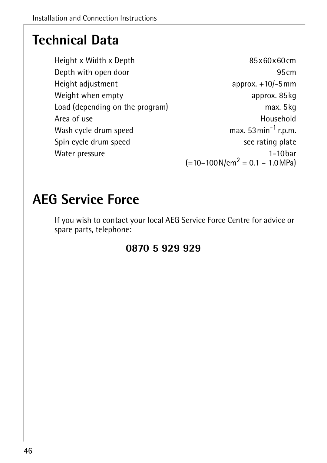 Electrolux LAVAMAT 50720 manual Technical Data, AEG Service Force, 0870 5 929 
