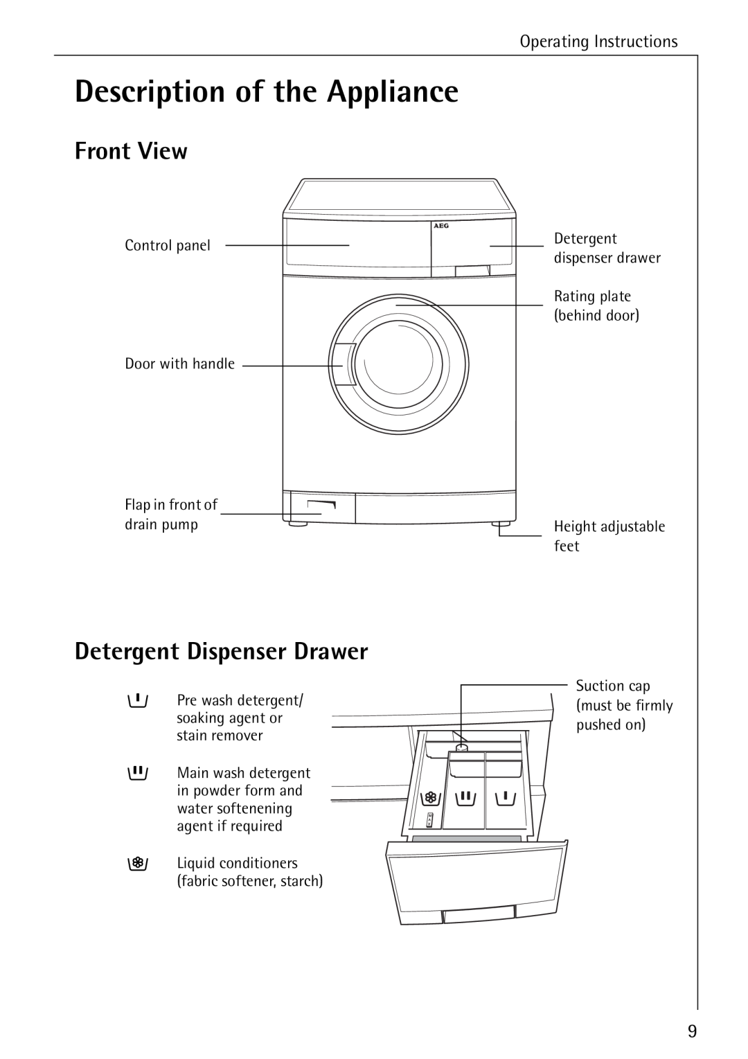 Electrolux LAVAMAT 50720 Description of the Appliance, Front View, Detergent Dispenser Drawer, Detergent dispenser drawer 