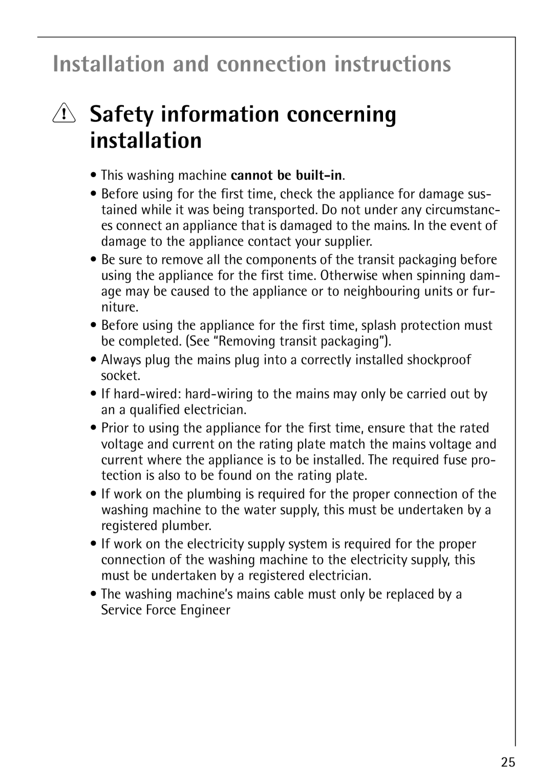 Electrolux LAVAMAT 50810 manual Safety information concerning installation, This washing machine cannot be built-in 