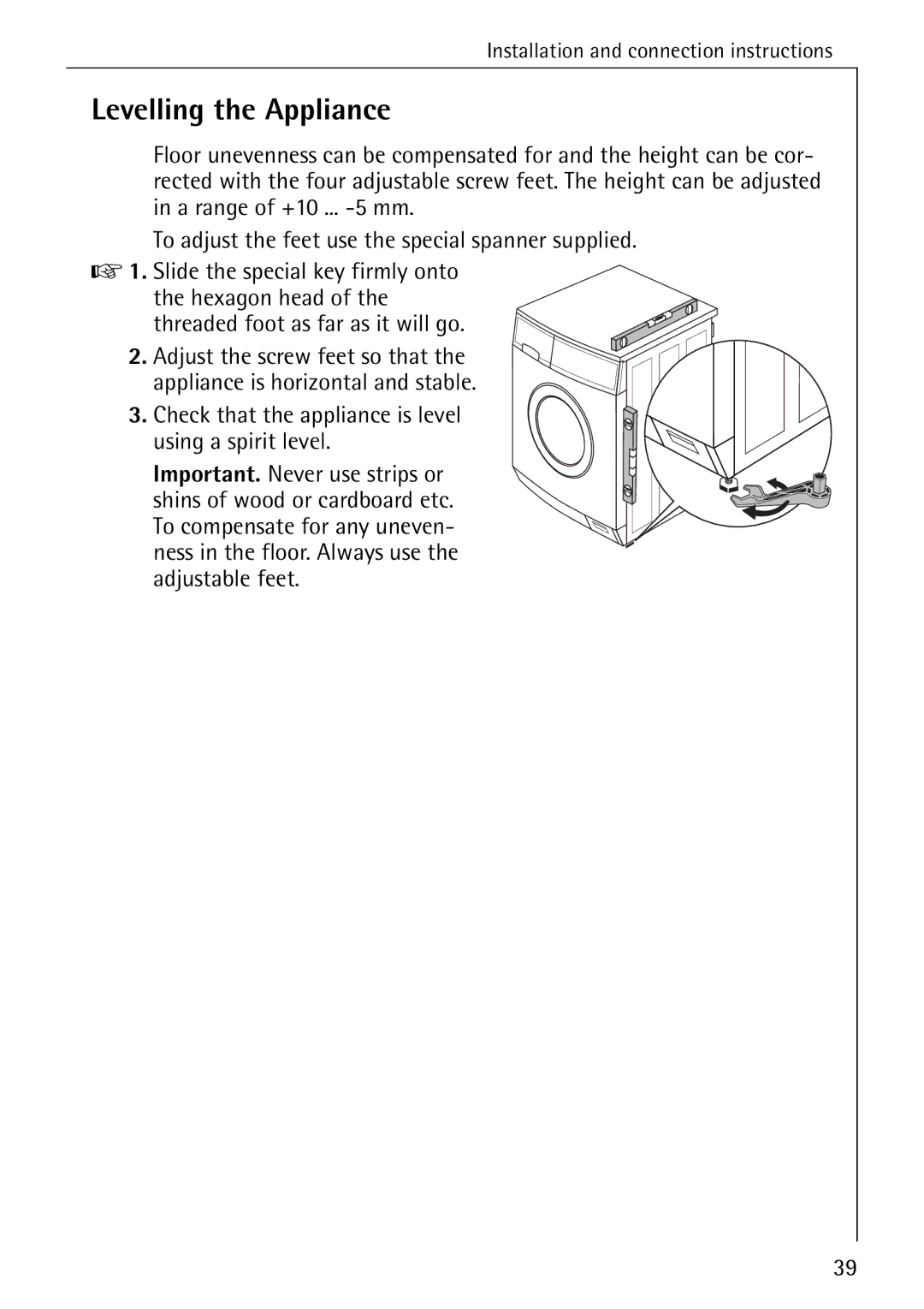 Electrolux LAVAMAT 51635 manual Levelling the Appliance, Check that the appliance is level using a spirit level 