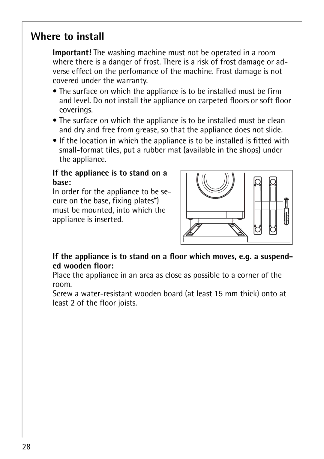 Electrolux LAVAMAT 52810 manual Where to install, If the appliance is to stand on a base 