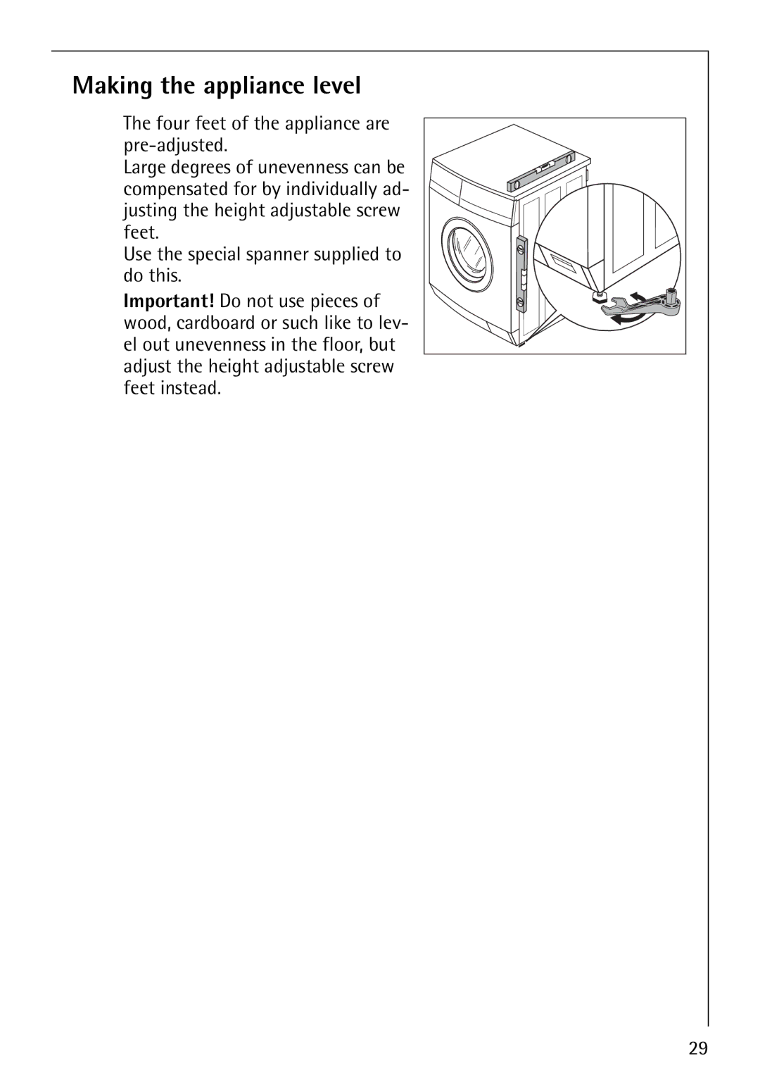 Electrolux LAVAMAT 52810 manual Making the appliance level 