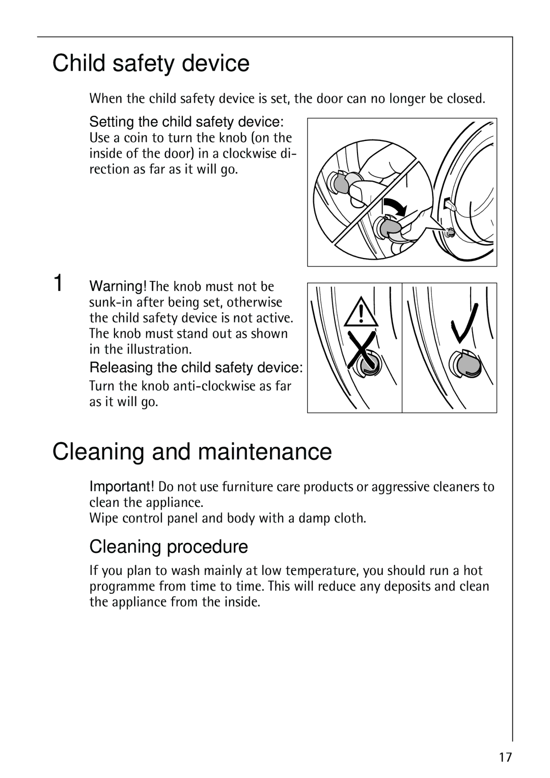 Electrolux LAVAMAT 62800 manual Child safety device, Cleaning and maintenance, Cleaning procedure 