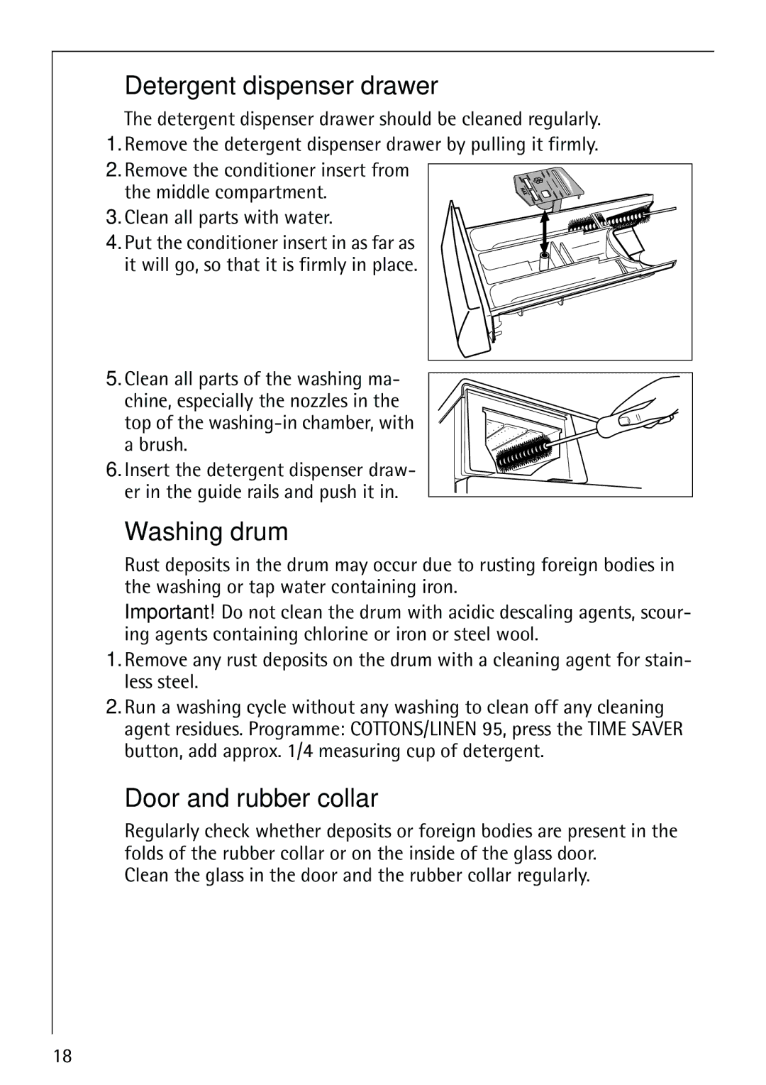 Electrolux LAVAMAT 62800 manual Detergent dispenser drawer, Washing drum, Door and rubber collar 