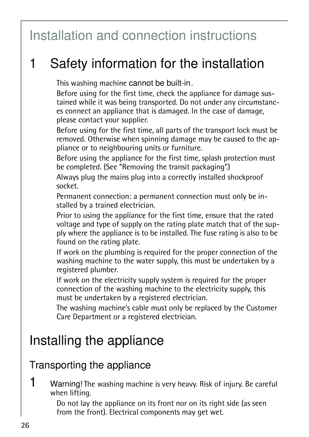 Electrolux LAVAMAT 62800 Safety information for the installation, Installing the appliance, Transporting the appliance 