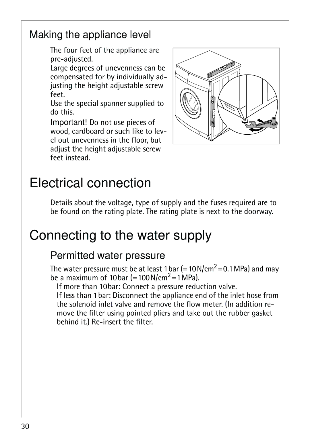 Electrolux LAVAMAT 62800 manual Electrical connection, Connecting to the water supply, Making the appliance level 